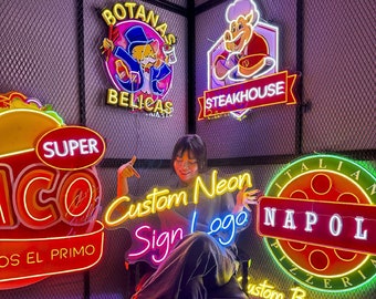 May include: A woman sits in a chair holding a custom neon sign that says "Custom Neon Sign Logo". The sign is surrounded by other neon signs, including "Botanas Belicas", "Steakhouse", "Super Taco", and "Italian Pizzeria Napol".