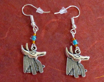 Anubis Czech Glass Bead Dangle Earrings Ancient Egyptian Jackal Underworld God
