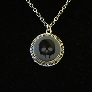 Black Vampire Skull Etched Glass Pendant Necklace 24 inch
