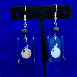 Stratego Bomb Game Piece Blue Team Dangle MOP Earrings