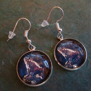 Toothy Godzilla Earrings Cabochon Silver Plate Dangle Kaiju