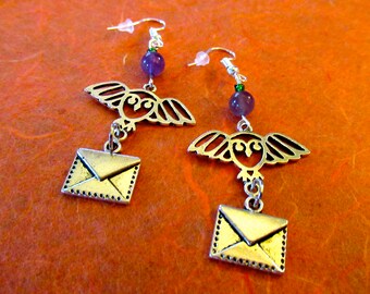 Amethyst Owl Post and Letter Harry Potter Inspired Bead Earrings