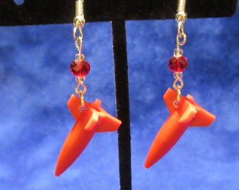 Red Crystal Rocket Ship Vintage Game Piece Dangle Earrings