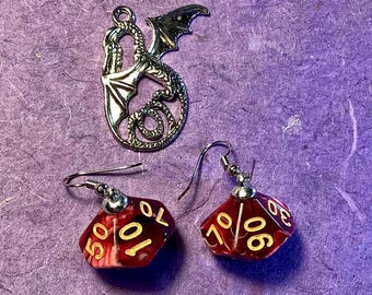 Dungeon Dice 10 Sided Pentagonal Trapezohedron Percentage Red & White Swirl Earrings