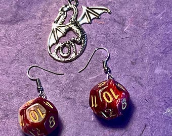 Dungeon Dice 12 Sided Dodecahedron Red & White Swirl Earrings