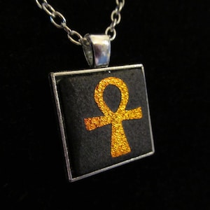 Red-orange Egyptian Ankh Etched Dichroic Pendant Necklace 24 inch Ancient Egypt