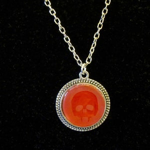 Red Vampire Skull Etched Glass Pendant Necklace 24 inch
