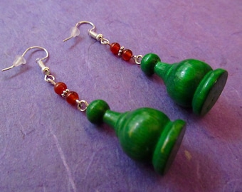 Classic Parcheesi Green Game Piece Orange Carnelian Gemstone Dangle Earrings