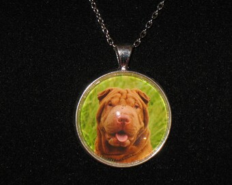 Shar-Pei Dog Breed Glass Cabochon Silver Pendant Necklace 24 inch