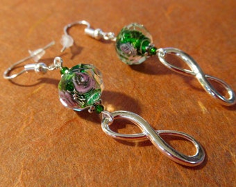 Infinity Faceted Czech Encased Glass Lampwork Floral Dangle Earrings