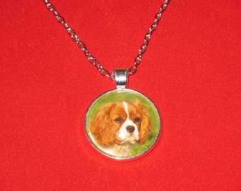 King Charles Spaniel Dog Glass Cabochon Silver Pendant Necklace 24 inch