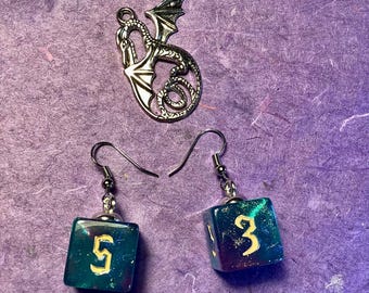 Dungeon Dice 6 Sided Cube Aqua Glitter Earrings