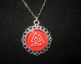 Viking Valknut Odin Red Etched Glass Necklace Pendant