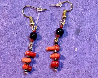 Tourmaline and Red Coral Dangle Earrings