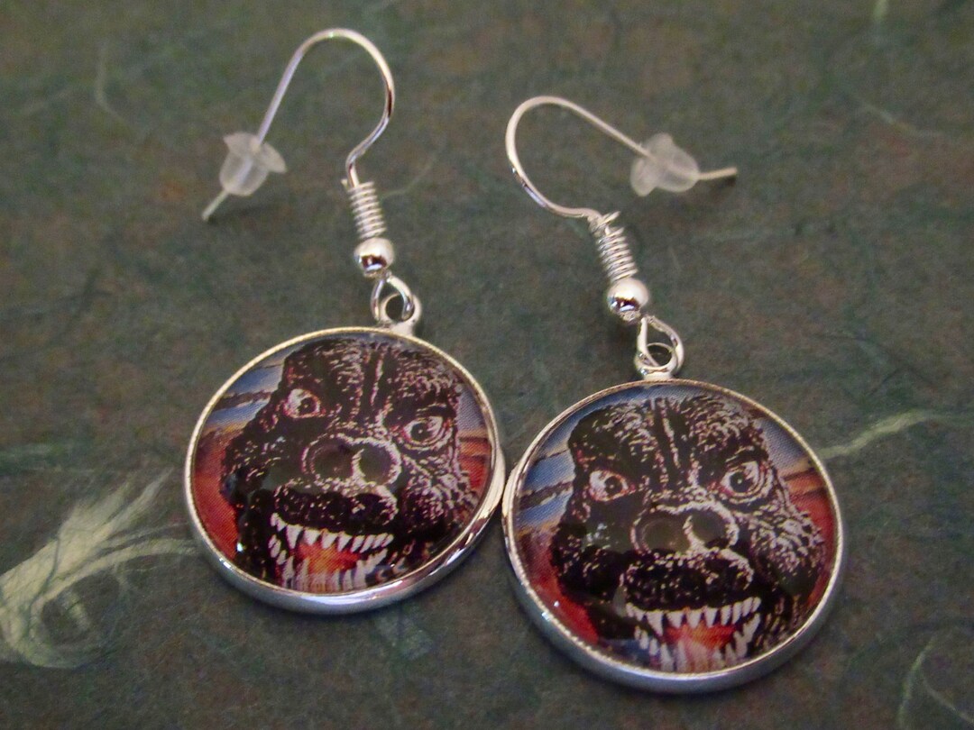 Godzilla Movie Earrings Cabochon Silver Plate Dangle Kaiju Etsy
