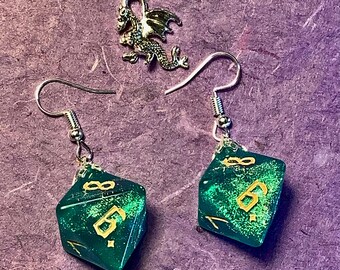 Dungeon Dice 8 Sided Octahedron Aqua Glitter Earrings