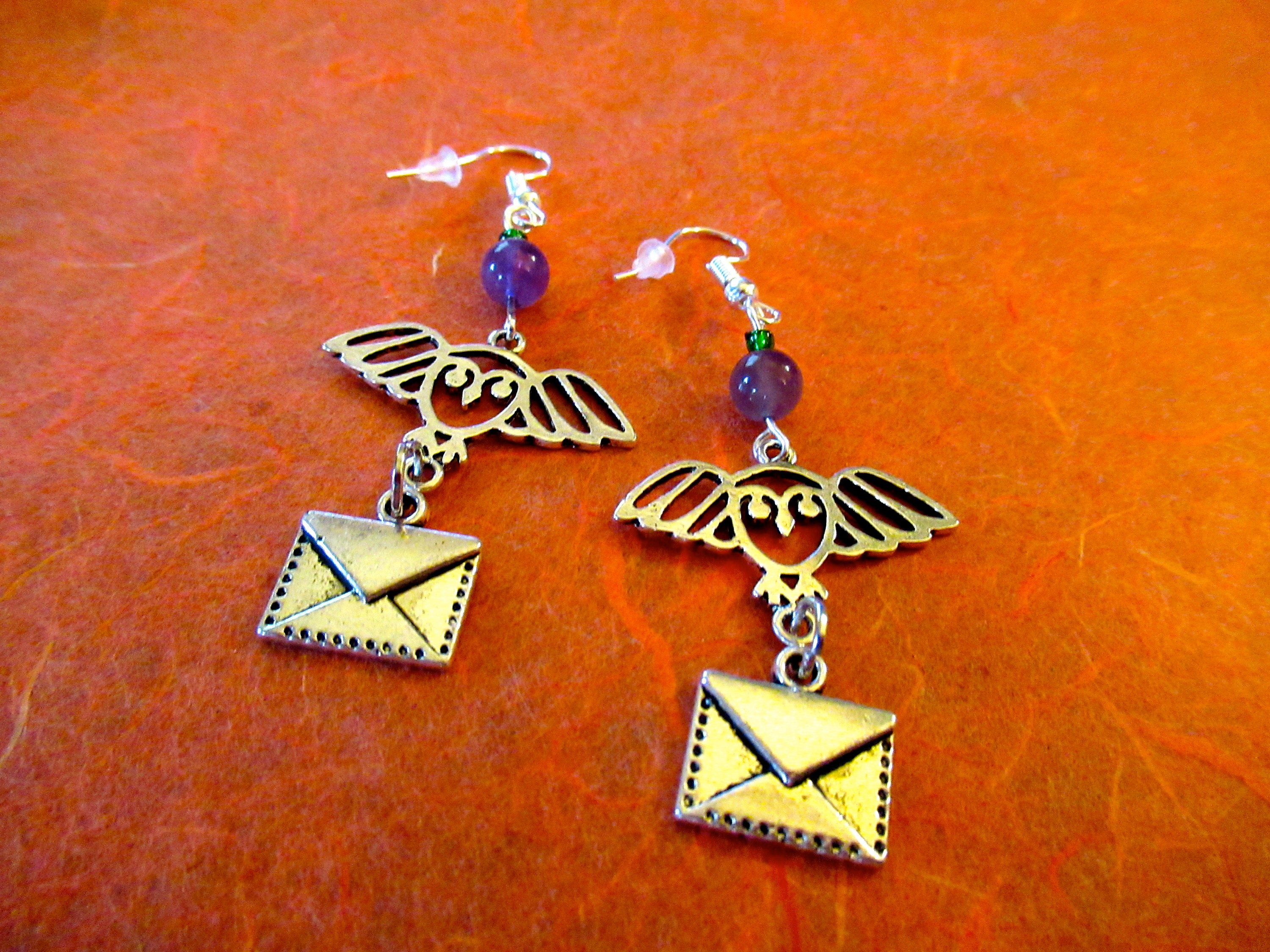 Amethyst Owl Post and Letter Harry Potter Inspired Bead Earrings