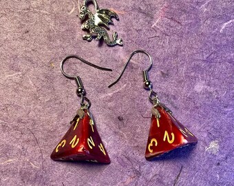 Dungeon Dice 4 Sided Tetrahedron Red & White Swirl Earrings
