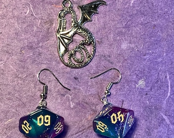 Dungeon Dice 10 Sided Pentagonal Trapezohedron Percentage Aqua Glitter Swirl Earrings