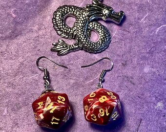 Dungeon Dice 20 Sided Icosahedron Red & White Swirl Earrings