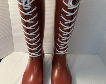 Botas de lluvia Roma con cordones, de goma, rojas/blancas, talla 6 para mujer.