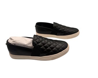 Steve Madden Womens Quilted Slip On Sneakers Black Faux Leather Platform Shoes