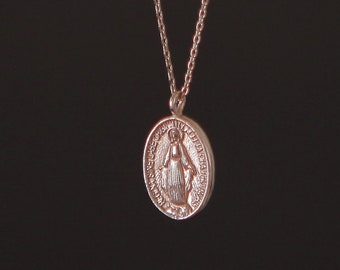 14K, 18K Gold Small Maria Miraculous Medal Necklace, Religious Necklace, Small Size, Mary Mother of God Medal