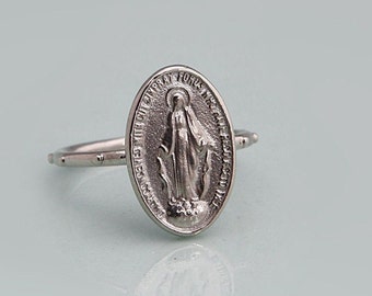 Maria Miraculous Medal Rosary Ring, Sterling Silver Religious Ring, Mary Mother of God Medal