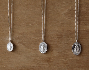 Sterling Silver Maria Miraculous Medal Necklace, Religious Necklace, Mary Mother of God Medal