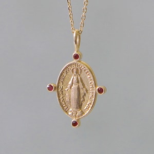 14K, 18K gouden Caeles wonderbaarlijke medaille robijnrode ketting, 14K, 18K gouden ketting, gouden ketting, gouden robijnrode medaille, religieuze ketting