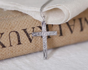 Rose Cross Necklace, Sterling Silver cross necklace, Sterling Silver Cross Pendant