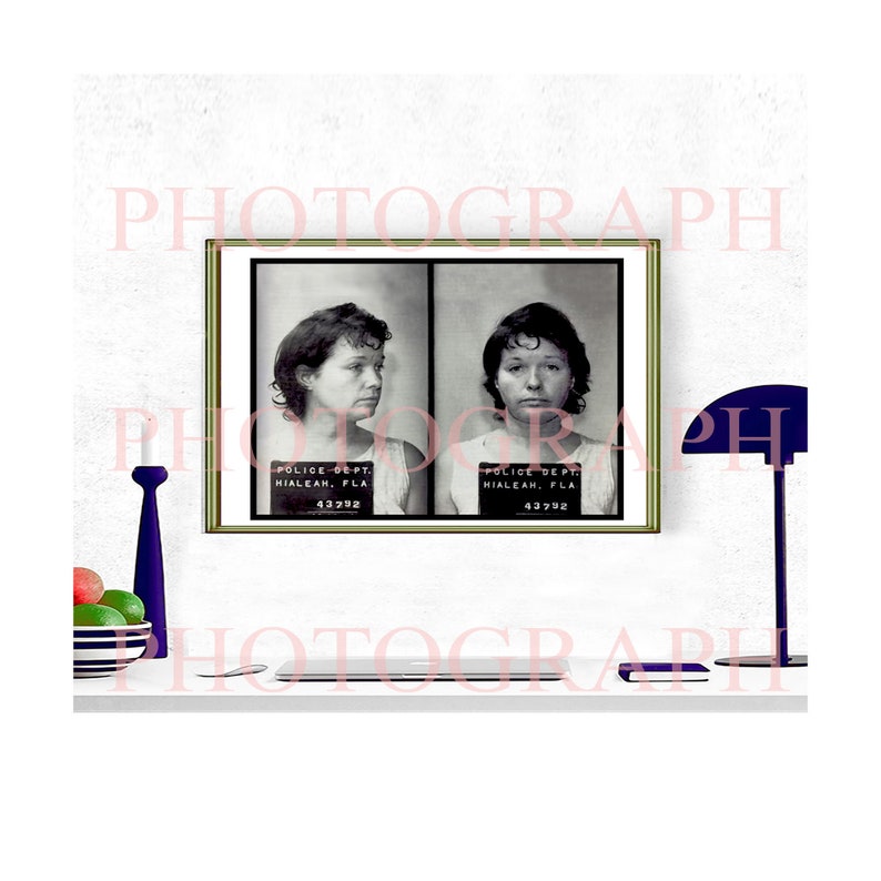 Bettie Page’s mugshot from October 29th 1972.  Police Mug-shot Digital Reproduction choose the size , Black and White Photo  m32 