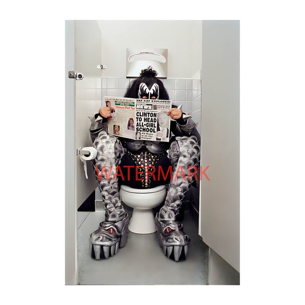 Gene Simmons  from rock band Kiss. Bathroom Comedy Toilet Scene Funny A Clear AI Photo Reproduction B/W or Sepia b55