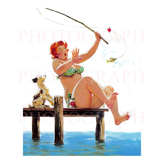 Hilda Pinup Gone Fishing Wow Nearly Got It Lovely Illustration of a Duane  Bryers Canvas Remastered Vintage Pin-up Prime Reproduction H84 