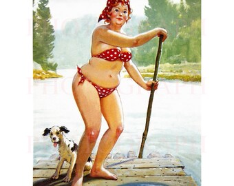 Hilda pin-up. Pagayez jusqu'à River Stream, belle illustration d'une toile de Duane Bryers remasterisée vintage Pin-up Prime Reproduction H14