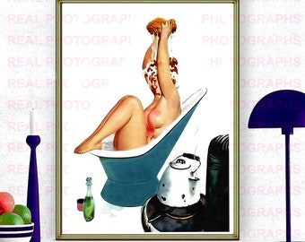 Hilda Bath Time Photo Print. Pinup Girl Duane Bryers   Remastered Pin-up Prime Reproduction illustration of a Vintage  Canvas.  ref 3.32bb