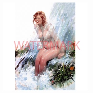 Hilda Water Fall Pinup Girl Duane Bryers A Clear AI Photo Reproduction  Remastered Pin-up Prime illustration of a Vintage  Canvas. ref 3.112
