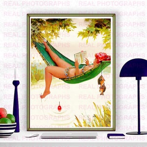 Hilda Fishing Again Photo Print. Pinup Girl Duane Bryers   Remastered Pin-up Prime Reproduction illustration of a Vintage  Canvas. ref 1.189