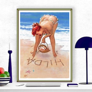 Hilda In The Sand Photo Print. Pinup Girl Duane Bryers   Remastered Vintage Pin-up Prime Reproduction illustration of a Canvas. ref 3.3