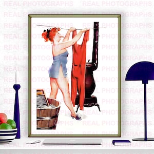 Hilda  Washing day Pinup Girl Photo Print. Remastered Vintage Pin-up Prime Reproduction illustration of a  Duane Bryers  Canvas.   ref 3.50