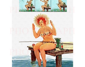 Hilda Pinup, Pêche, C'était si gros ! Belle illustration d'une toile de Duane Bryers remasterisée vintage Pin-up Prime Reproduction H23