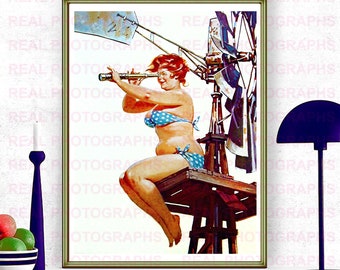 Hilda I see no Ships Pinup Girl Photo Print. Remastered Vintage Pin-up Prime Reproduction illustration of a  Duane Bryers  Canvas. 5.121