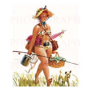 Hilda Pinup Girl. Gone Fishing , Lovely Remastered Vintage Pin-up Prime Reproduction illustration of a  Duane Bryers  Canvas. H8