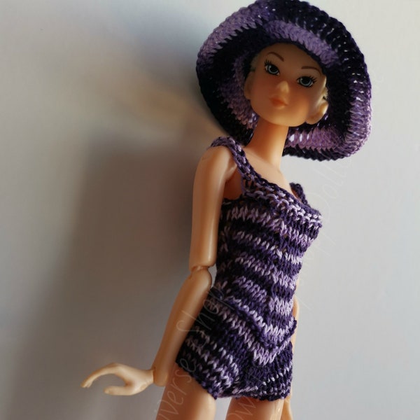 Maillot de bain à rayures tricoté avec bonnet pour poupées Momoko, Pullip, FR.