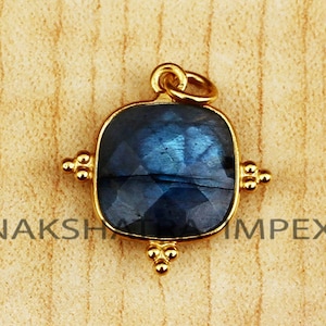 Natural Blue Flashy Labradorite Cushion Square Briolette 925 Sterling Silver Vermeil Bezel Pendant, Tiny Tridot 925 Balls Connecting Jewelry