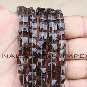 Natural Smoky Quartz Faceted Cube Beads,  7mm Cube shaped Square briolette Laser Cut Smokey Beads 10&quot; Strand, Smokey Crystal Gemstones Beads
