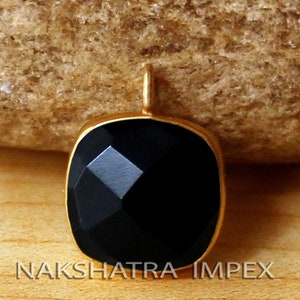 Black Onyx Cushion Square Checker Cut 925 Sterling Silver Gold Plated Bezel Pendant.