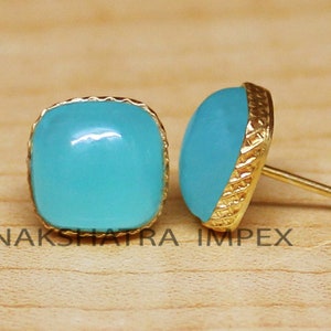 Sea Blue Aqua Hydro Quartz Square Smooth Cabochon 925Sterling Silver Gold Plated Smooth Finish Stud Earring-Unique Aqua Chalcedony Color Top
