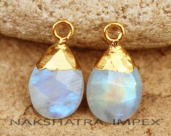 Moonstone Tear Drop Charms. Rainbow Stone Electroplated Leaf Pendants. 24KT Gold Filled. June Birthstone Gifts. White Crystal Winter Jewelry
