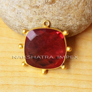 Ruby Hydro Quartz Cushion Square Briolette 7 Tri-dot Brass Setting Gold Plated Bezel Pendant.